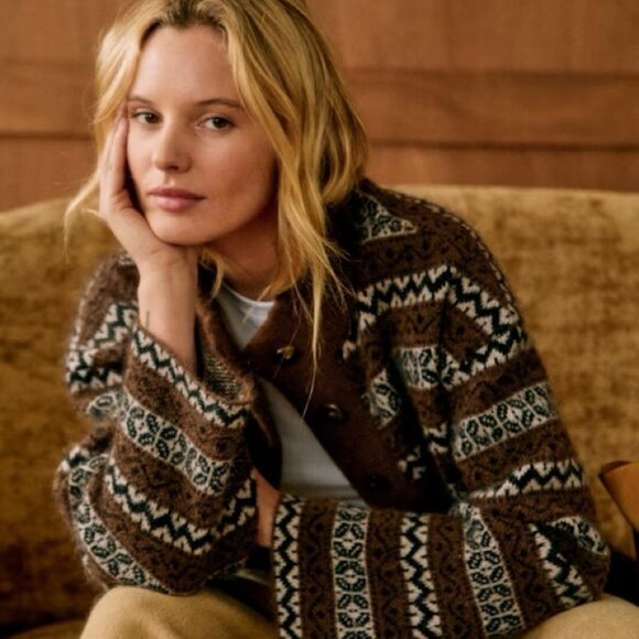 Sezane Thais jacket sz S sweater cardigan kid mohair brown jacquard - Picture 3 of 13